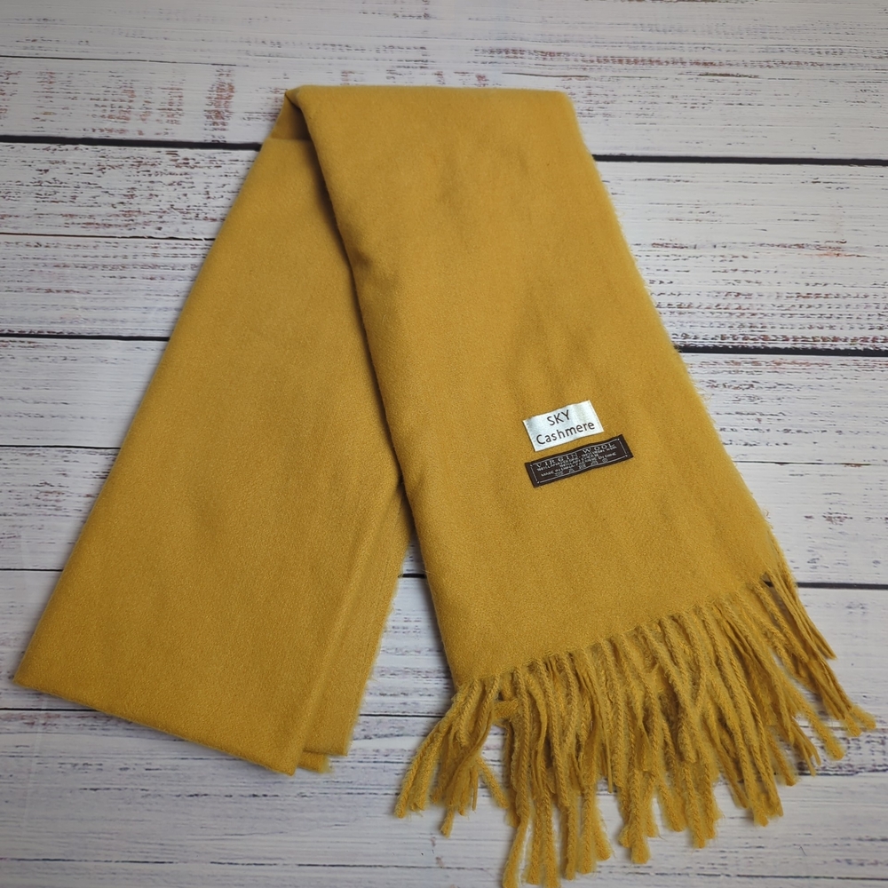 Sky Cashmere Virgin Wool 100% Tassel Long Scarf Wrap Yellow Gold With Fringe